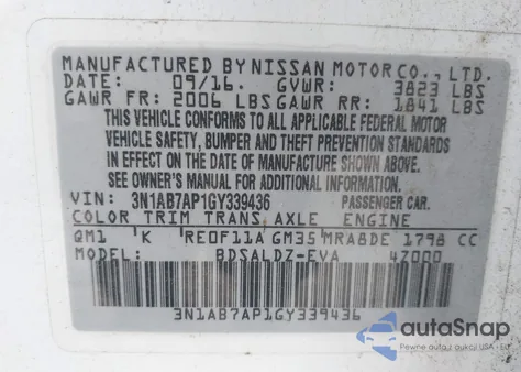 2016 Nissan Sentra Sv из США, поврежденный, VIN 3N1AB7AP1GY339436